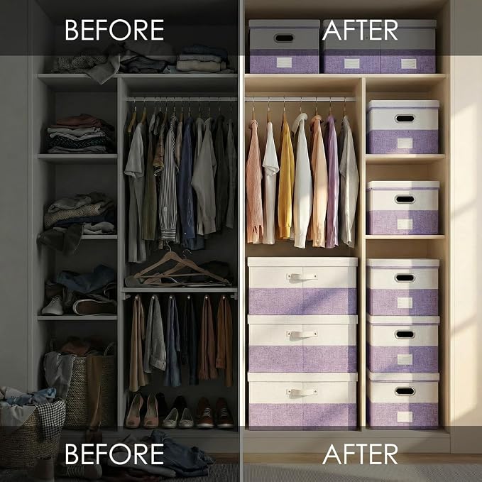 Storage Bins with Lids [3-Pack] Linen Fabric Foldable Storage Boxes Organizer Containers Baskets Cube with Cover for Bedroom Closet Office White&Purple (23.4X15.9X11.4) - Image 5
