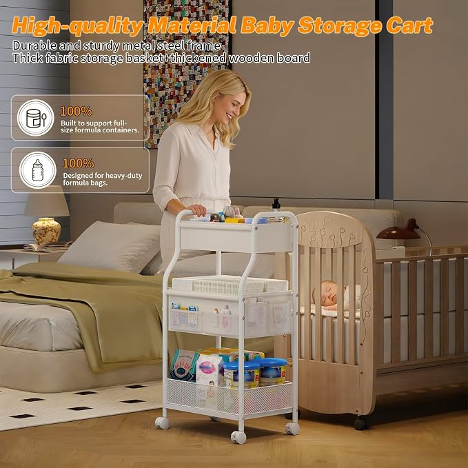 3-Tier Diaper Caddy Organizer & Rolling Cart,Metal Utility Cart with 4+2 Dividers & Lockable Silent Casters, Mobile Storage Cart for Nursery Essentials, Multi-Purpose for Kidsroom Changing Table - Image 4