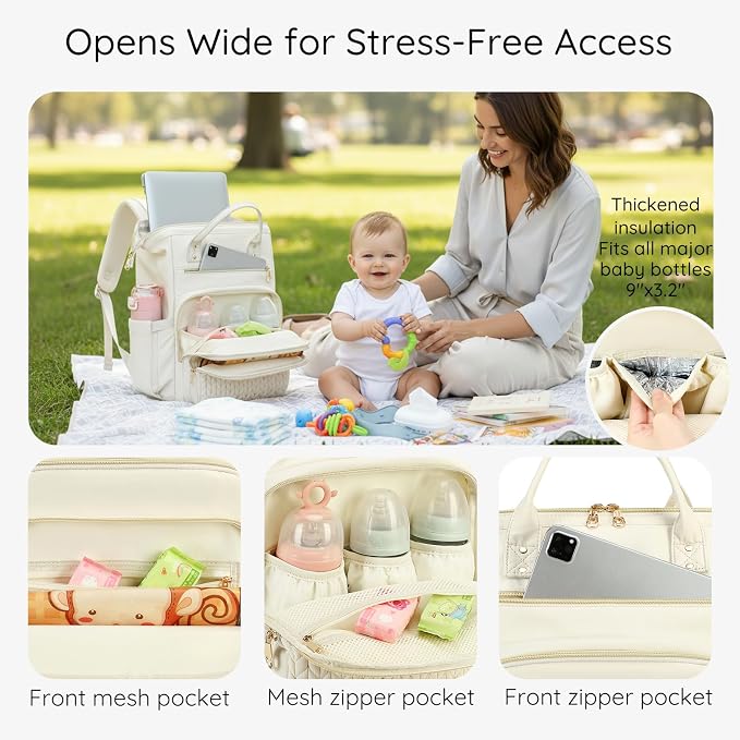 AIJIEKE Large Diaper Bag Backpack, Extra Wide Travel Diaper Bag, Beige | Multi-functional waterproof maternity bag. Changing pad, stroller straps, insulated wet/dry pocket. Mom, dad, toddler travel - Image 5