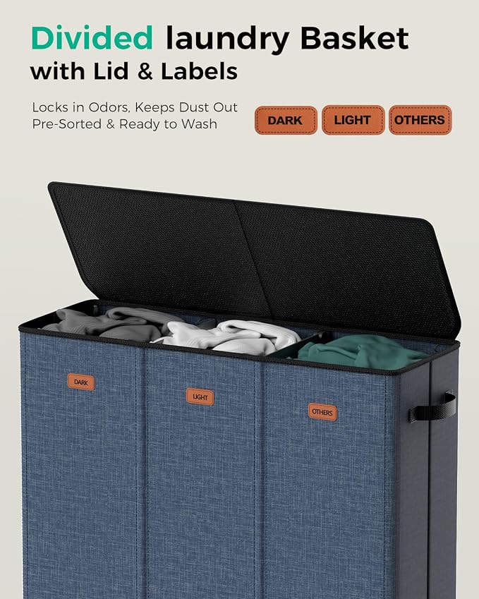 185L Laundry Hamper 3 Section with Lid & Removable Bags | Collapsible laundry basket organizer for laundry room, bedroom & dorm with 3 removable washing bags - Image 3