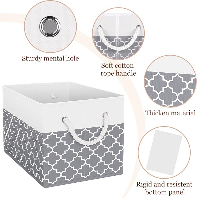 Storage Bins 6-Pack, Foldable Storage Baskets for Organizing Toys, Books, Shelves, Closet, Large Storage Box with Rope Handles, Sturdy Organizer Bins,Clover Grey - Image 4