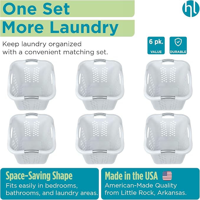 Home Logic 2 Bushel Plastic Laundry Basket Lamper, Large Laundry Hamper with Handles, Ventilated Clothes Organizer for Bedroom Bathroom Closet, 6 Pack, White - Image 6