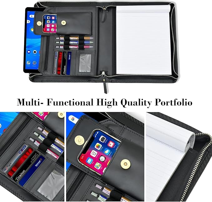 Genuine Leather Portfolio Organizer with Zipper for Men Women, Padfolio Business Resume A4/Pad, Folder Organizer, Legal Pad Holder with Card Slots, Zippered Padfolio for Business Documents, Black - Image 6