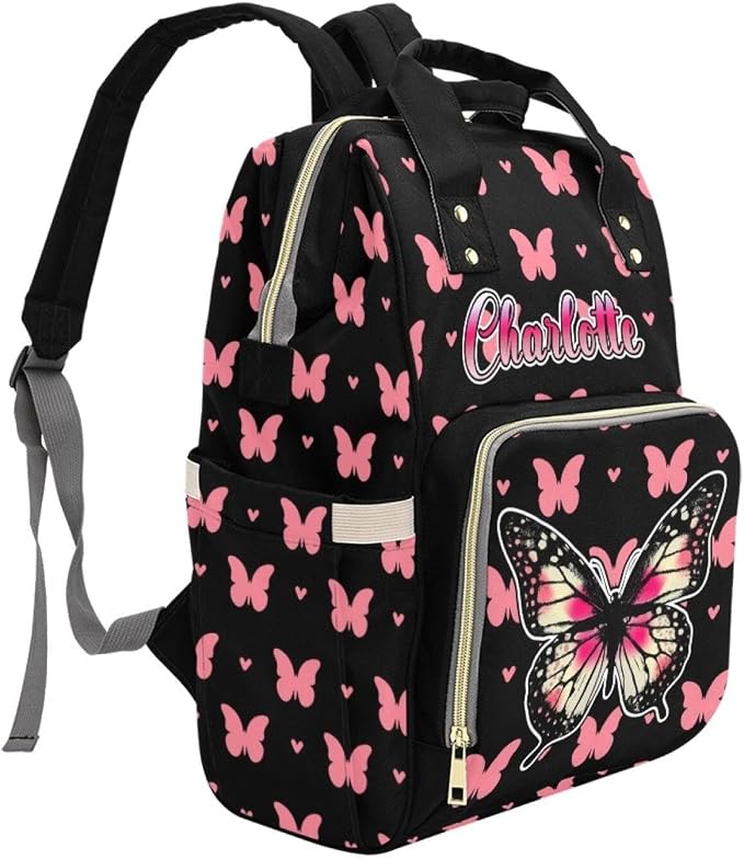 Butterfly Pink Personalized Baby Diaper Bag – Custom Name Waterproof Nappy Backpack with Multi Compartments – Stylish Gift for Mom, Dad, Baby Shower & Outdoor Travel - Image 3