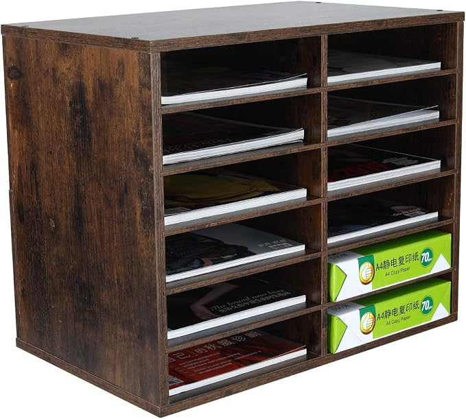 EasyPAG 12 Compartments Wooden Literature Organizer with Adjustable Shelves, 6000 Sheets Capacity Paper Organizer, Classroom Mailbox and Mail Sorter for Teachers and Office, Archaize by EasyPAG