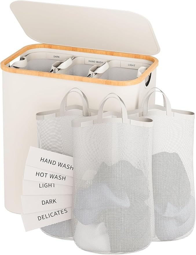 160L Laundry Hamper with Lid, 3 Section Laundry Basket with 3 Removable Bag | Clothes Hampers for Laundry with Bamboo Frame Handle, Large Dirty Clothes Hamper for Laundry Room, Bathroom, Bedroom, Beige by Bathola