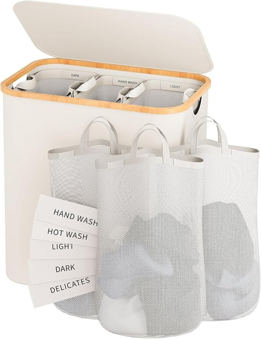 160L Laundry Hamper with Lid, 3 Section Laundry Basket with 3 Removable Bag | Clothes Hampers for Laundry with Bamboo Frame Handle, Large Dirty Clothes Hamper for Laundry Room, Bathroom, Bedroom, Beige by Bathola