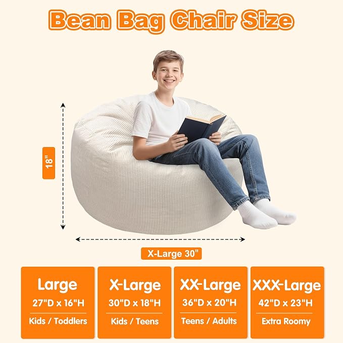 Lukeight Bean Bag Chair for Kids Teens Adults, Memory Foam Filled Floor Lounger, Washable Velvet Cover with Inner Liner, Beanbag Chair with Filling for Gaming and Reading, Beige, X-Large 30"D x 18"H - Image 2