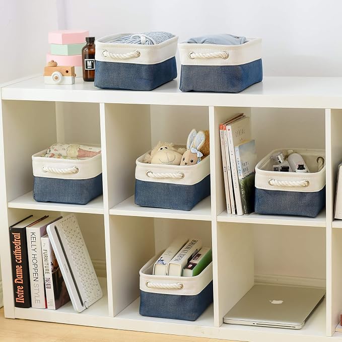 Storage Basket for Organizing - 12x8x5.2 inch Small 6 Pack Fabric Storage Bin Collapsible Baskets for Shelves with Rope, Storage Box for Cloth Decorative Laundry Canvas(White & Blue) - Image 7