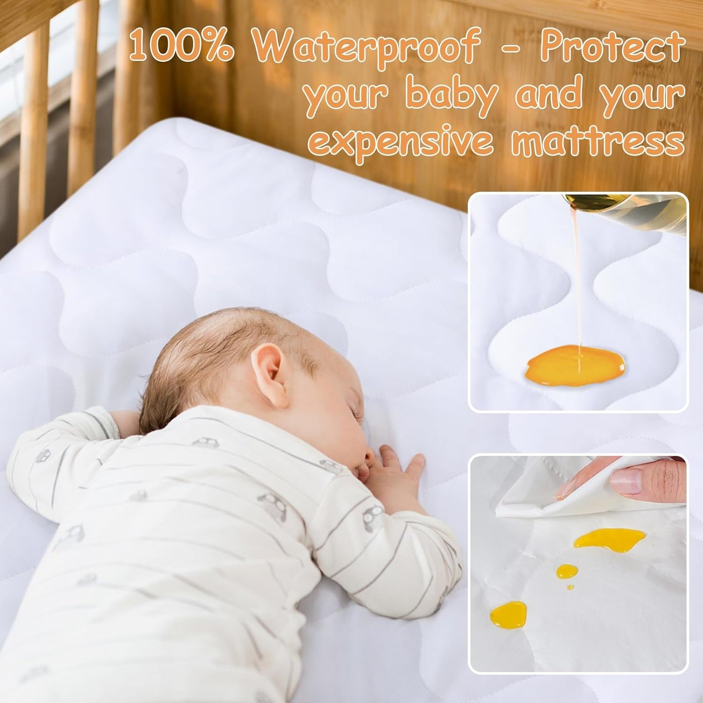 Yoofoss Waterproof Mini Crib Mattress Protector, Quilted Baby Mattress Pad Cover Soft and Breathable, Machine Washable Portable Mattress Protector for Standard Baby Mini Crib Size 38"X24" - White
