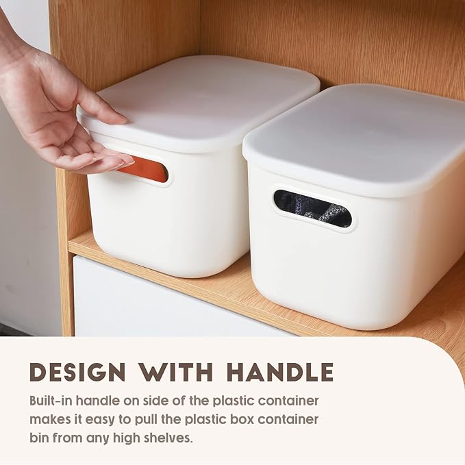 8 Pieces White Plastic Storage Bins with Lids, Stackable Storage baskets with Handle Containers Box for Shelves Drawers Desktop Playroom Classroom Office Organization(7.3 x 10.2 x 6.5 Inches) - Image 6