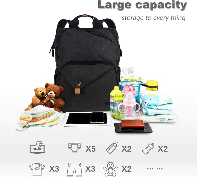 Hap Tim Diaper Bag Backpack,Large Capacity Travel Back Pack Maternity Baby Nappy Changing Bags, Double Compartments with Stroller Straps,Waterproof,Black (US7340-DG) - Image 2