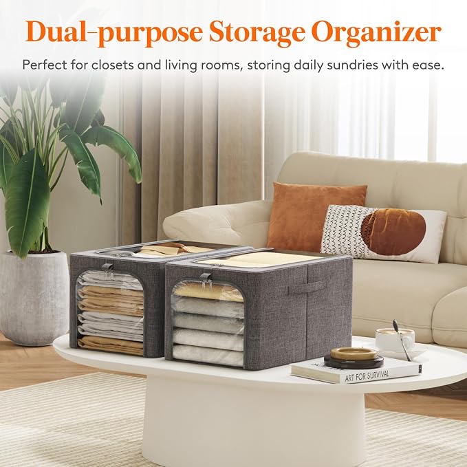 Lifewit Clothes Storage Bins with Metal Frame 4 Pack, Fabric Stackable Storage Bags with Lids, Zipper, Foldable Clost Organizers Containers for Clothing, Blanket, Winter Cloth, 40L - Image 9