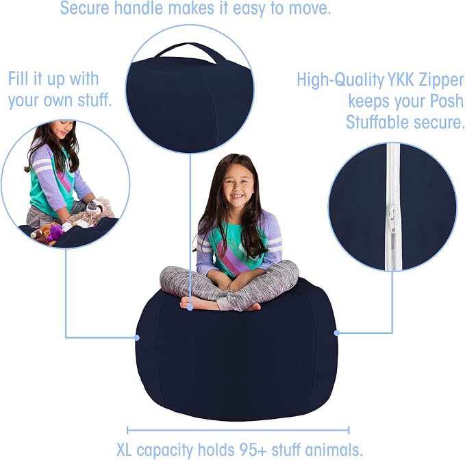 Posh Stuffable Kids Stuffed Animal Storage Bean Bag Chair Cover - Childrens Toy Organizer, Large 38" - Solid Navy Blue - Image 2