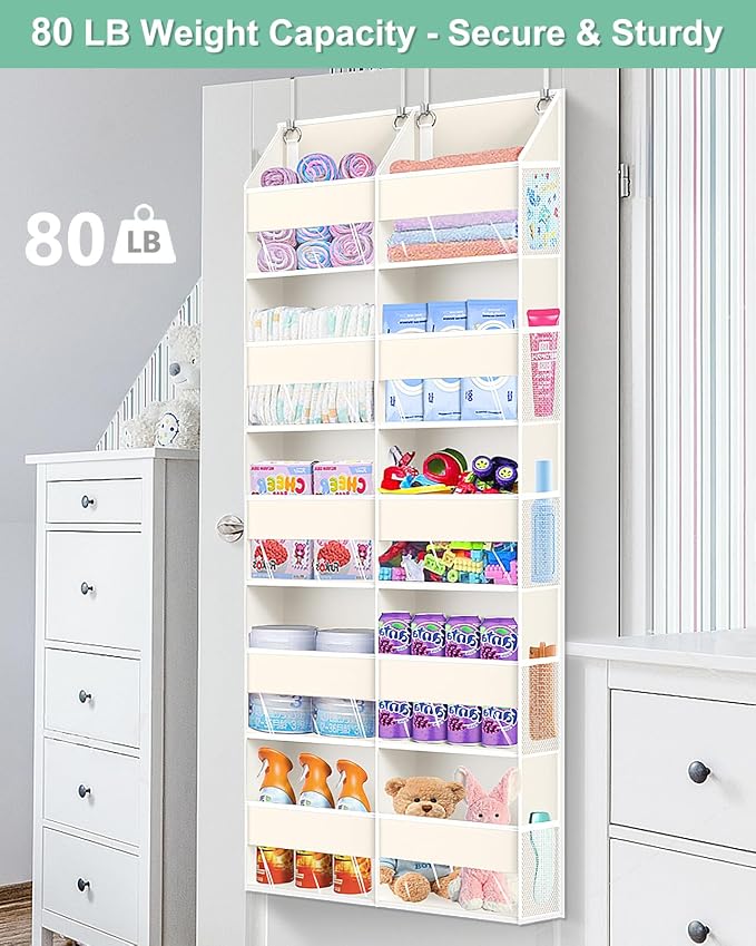 Heavy Duty Over The Door Organizer 5 Tiers, Extra Large Behind Door Storage of 10 Big Front & 10 Mesh Pockets, 80lb Weight Capacity, Hanging Doors Storage for Closet Bedroom Nursery, Beige - Image 5