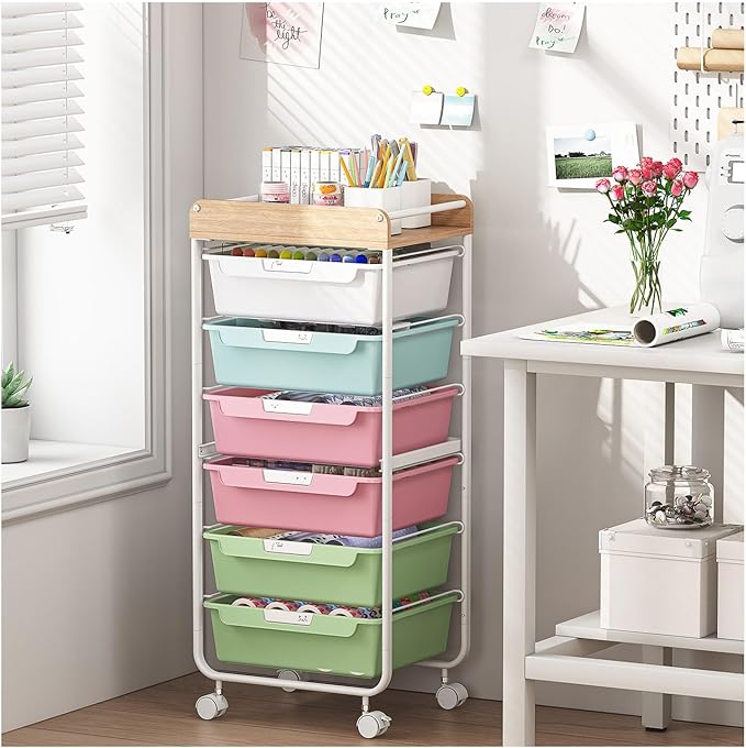 SYKIARIOL Rolling Cart with 6 Drawers,Craft Organizer and Storage,Colorful | Utility Storage Cart with Drawers,Art Cart,Makeup Organizer With Wooden Tabletop by SYKIARIOL