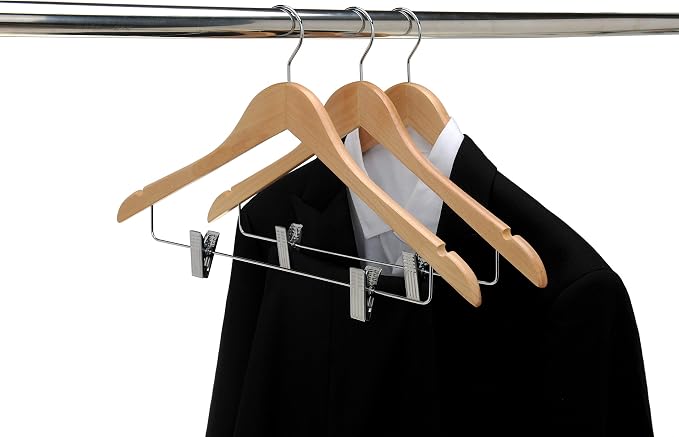 Quality Wooden Skirt Hangers with Clips, 10-Pack Smooth Solid Wood Pants Hangers with Durable Adjustable Metal Clips, Swivel Hook, Coat, Jacket, Blouse Suit Hangers (Natural, 10) - Image 4