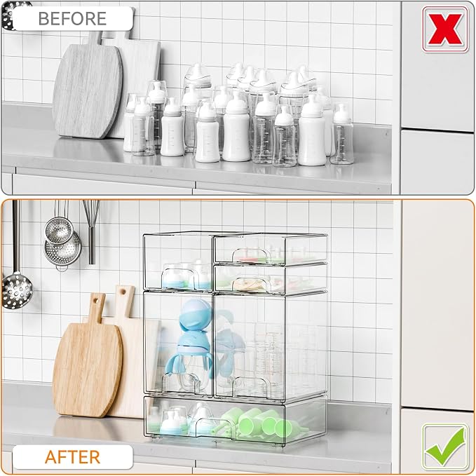 6 Set Clear Baby Bottle Organizer for Countertop,BPA FREE Bottle Station Organizer for Breast Pump Parts,Pacifier and Baby Accessories,Stackable Drawers for Bathroom,Cabinet,Pantry Organization - Image 6