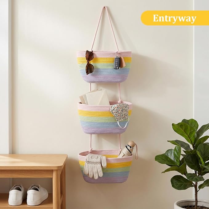 TeoKJ Over the Door Hanging Basket, 3-Tier Woven Cotton Wall-Mounted Storage Organizer Bag Decorative Hanging Nursery Baskets, Rainbow - Image 7