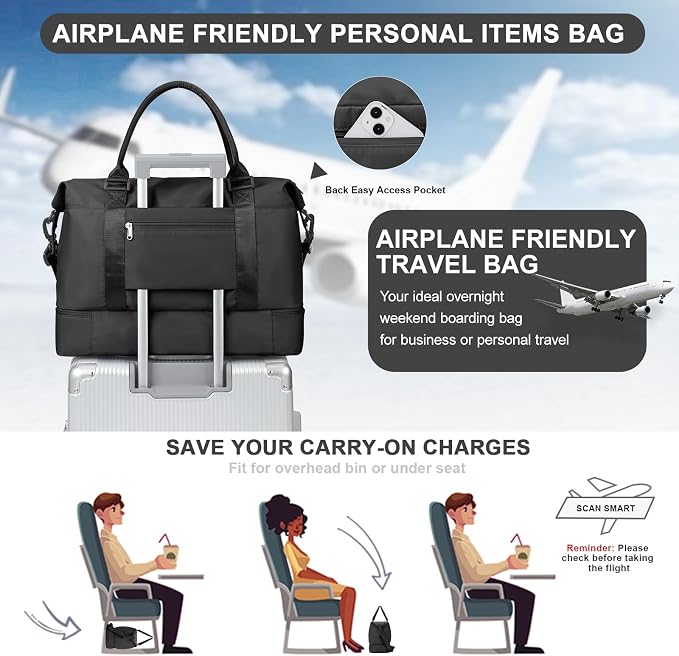 Weekender Bags for Women, Carry-On Overnight Travel Duffel Bag | Travel Bag with Shoes Compartment & Toiletry Bag, Extra Large, 3 Pcs Set - Image 8