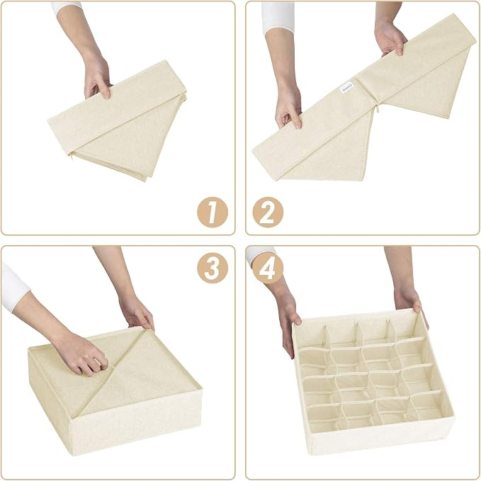 3 Pack Sock Underwear Drawer Organizer Dividers, 64 Cell Fabric Foldable Cabinet Dresser Closet Organizers and Storage Boxes for Organizing Socks, Underwear, Ties (16+24+24 Cell, Beige) - Image 6
