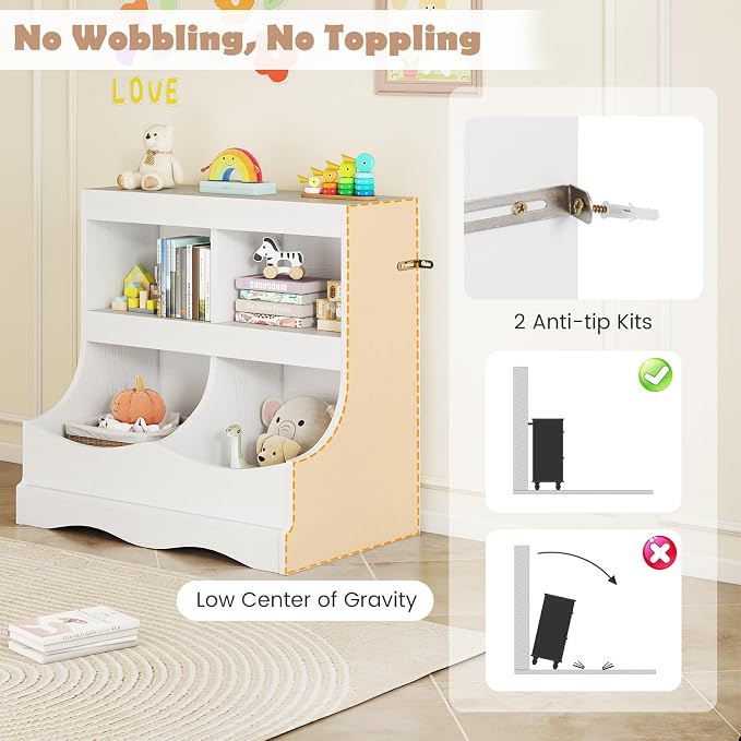 HONEY JOY Kids Toy Storage Organizer, 4-Cubby Wooden Bookcase Cabinet, 2-Tier Open Daycare Shelf for Preschool, Kids Display Bookshelf for Bedroom, Playroom, Classroom & Nursery (White) - Image 4