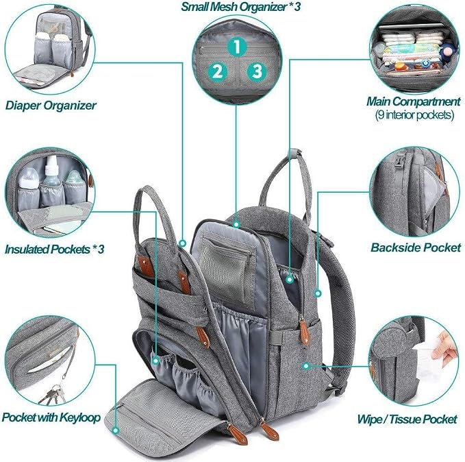 KAUKKO Baby Diaper Backpack Multifunction Travel Organizer with Stroller Straps Large Capacity and Durable (T1BLACK) (MGRAY) - Image 2