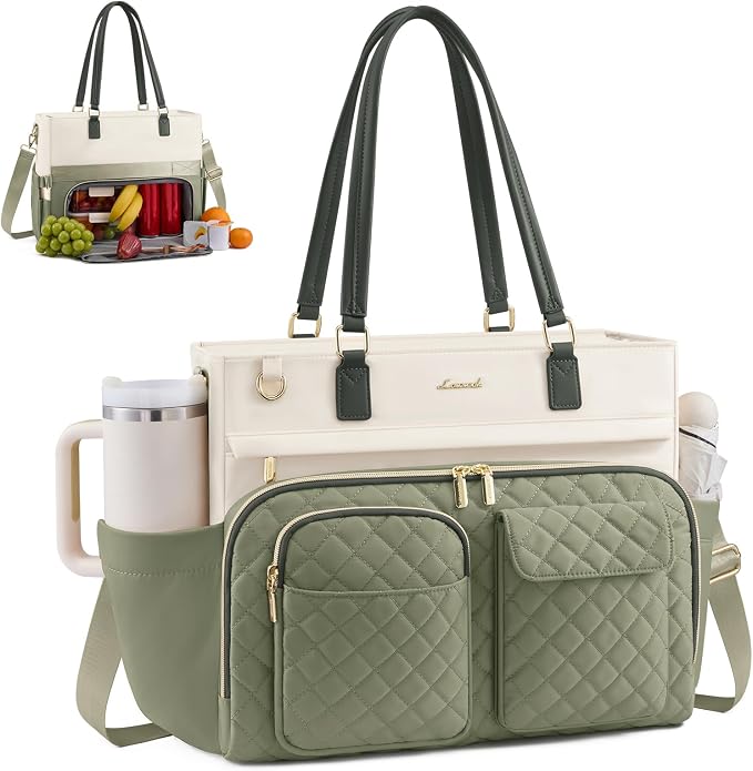 LOVEVOOK Lunch Tote Bag for Women, Insulated Lunch Bag with Laptop Compartment, Large Capacity Teacher Tote Bag with Large Cup Holder for Work Travel Daily, Water Resistant Nurse Tote, 15.6 Inch by LOVEVOOK