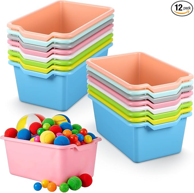 12 Pcs Plastic Book Bins, Scoop Front Cubby Storage Bins, 6 Color Organizer | Stackable Multi Functional Box Tubs Containers Books, Supplies, Home Office Playroom by Unknown