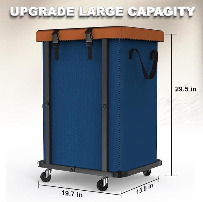 Laundry Basket with Wheels,150L (40 Gal) Rolling Hamper Carts - Navy Blue | Leather Patchwork Laundry Hamper,Sturdy Metal Frame, Removable Washable Bag, Tall Clothes Sorter for Bedroom, Laundry Room - Image 6