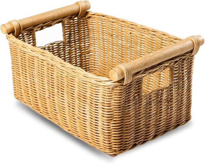 The Basket Lady Pole Handle Wicker Storage Basket, S, Sandstone | Outside: 14" L x 10" W x 7.5" H | Inside: 12"L x 8.5"W x 7"H - Handcrafted by artisans from natural rattan by TheBasketLady