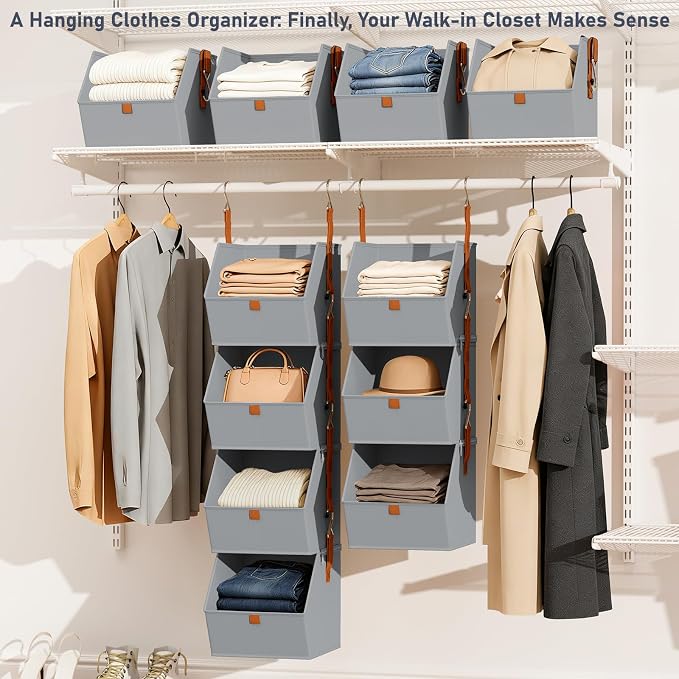 DIMJ Hanging Closet Organizer - 4 Tier Collapsible Hanging Shelves with Hooks Zipper, Fabric Clothes Organizer, Space-Saving Storage Bin Basket for RV, Bedroom, Laundry Organization - Image 2