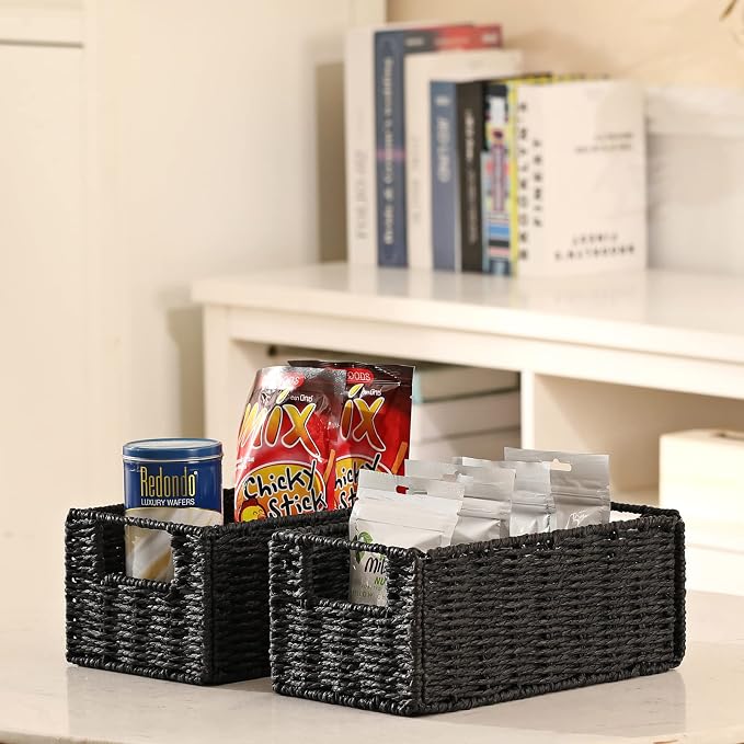 Wicker Storage Basket, Set of 2 Hand-Woven Paper Rope Wicker Basket, Small Storage Baskets for Organizing Toilet Paper Basket, Foldable Large Cube Storage Organizer Bins for Shelves (Black) - Image 3
