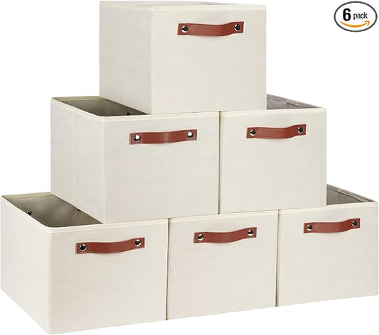 [6-Pack] Fabric Storage Bins Reinforced 2.5mm Cardboard Shelf Bins with PU Leather Handles (15x11x9.5 ) Durable Storage Baskets for Closet Organization, Toy Organizer, & Home Office Beige by TEMARY