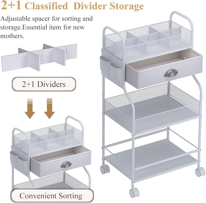 Baby Diaper Caddy Cart Organizer -3 Tier, Bedside Nursery Essentials Organizer & Storage Holder for Newborn Baby Stuff, 2+1 Dividers, 1 Drawer,Rolling Utility Cart for Bedroom,Changing Table, Crib. - Image 3