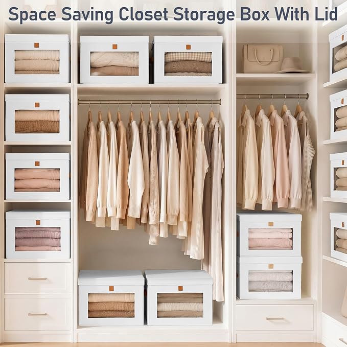 DIMJ Storage Bins with Lids - 6 Pack Front Opening Stackable Fabric Storage Boxes with Clear Window & Handles, Collapsible Closet Organizers for Clothes, Sweaters, Shelf Storage, Bedroom, White - Image 7