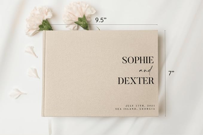Personalized Linen Guest Book (Design 8) - 9 x 7.5 Hardcover Custom Wedding Guestbook Bride Groom Name Date Location Venue, Reception Ceremony Engagement Party Keepsake Signing Book w/ 120 Blank Pages - Image 2