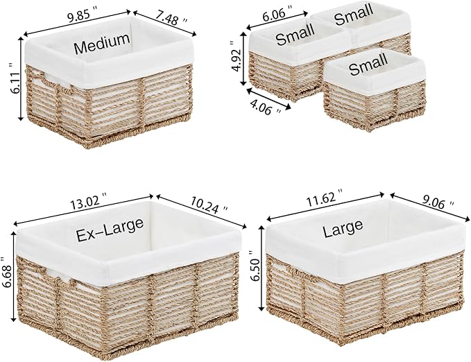 Wicker Storage Basket, 6 Pack Seagrass Baskets for Organizing, Wicker Baskets with Handle, Rectangular Woven Basket for Storage Shelves, Cube Storage Bins for Closet/Clothes/Dresser - Image 2
