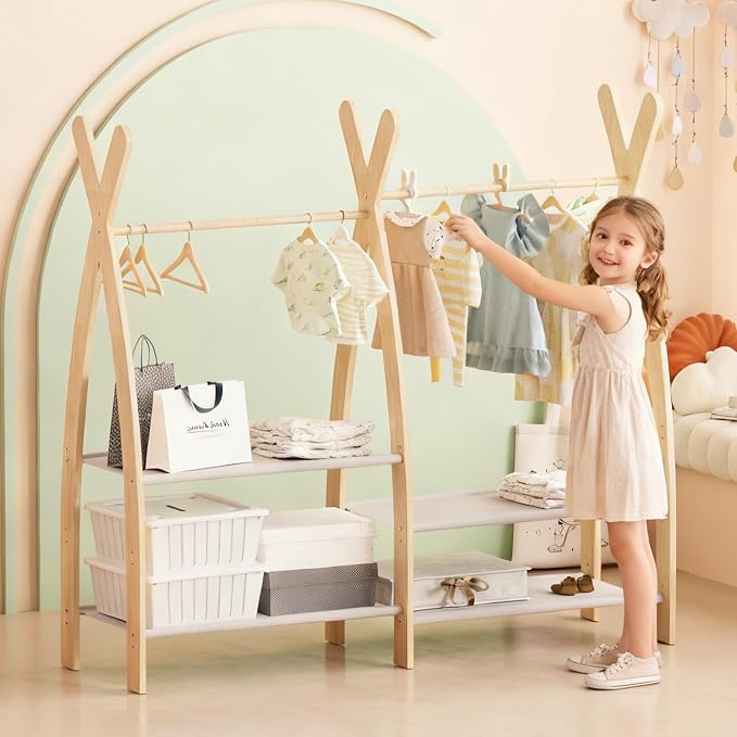 NACHES Small Kid Clothing Rack Wood Montessori Garment Rack for Toddler Baby Wardrobe Closet Compact Dress Up Storage Organizer Hanging Rod with Basket for Costume Princess Skirt Coat Bedroom Nursery by NacheskidsFurniture