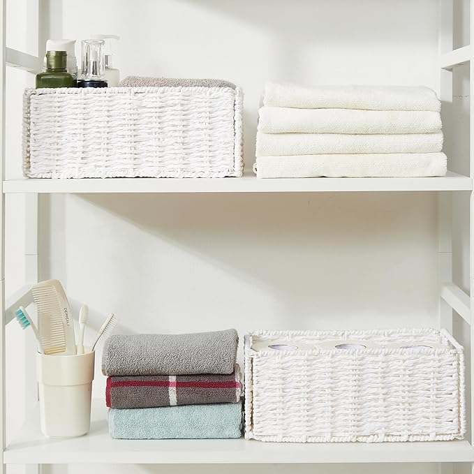 Wicker Storage Basket, Set of 2 Hand-Woven Paper Rope Wicker Basket, Small Storage Baskets for Organizing Toilet Paper Basket, Foldable Large Cube Storage Organizer Bins for Shelves (White) - Image 4