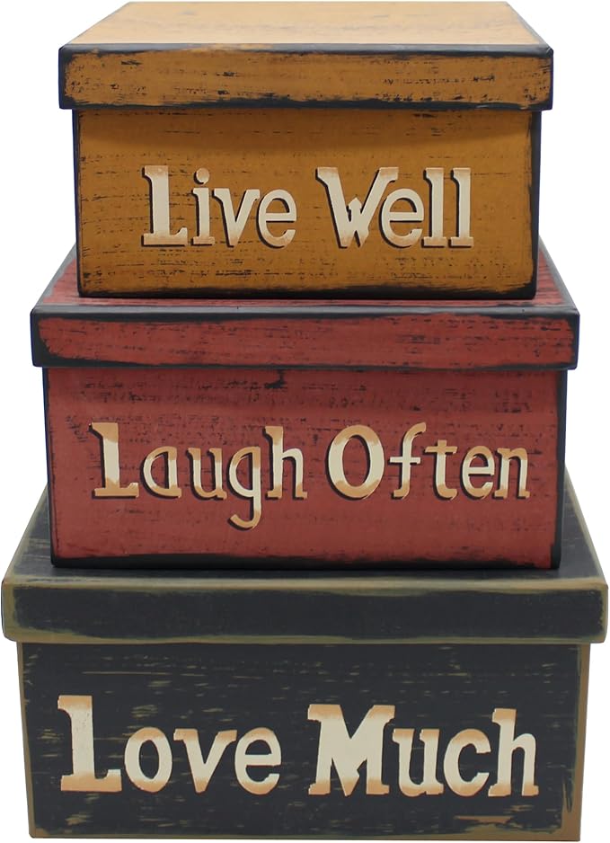 Primitive Vintage Square “Live Well, Laugh Often, Love Much” Cardboard Nesting Boxes, Large 9 X 9 X 4-1/2 Inch. Set of 3. by CVHOMEDECO