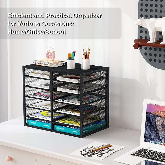 PAG Mass Mail Holder, Adjustable Countertop Literature Organizer, Student Mailbox, Desktop Bill Paper Organizer, 12 Compartments, Black - Image 4