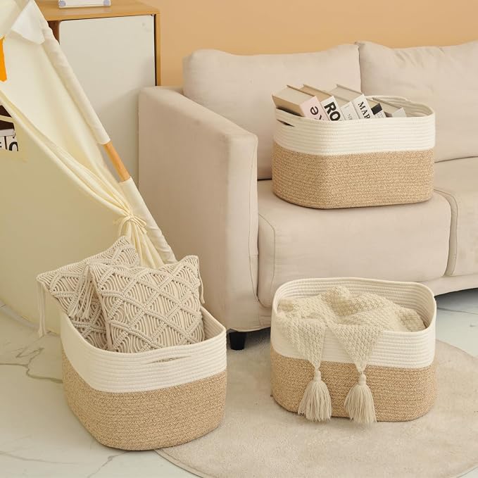 ICERZCZ Large Storage Baskets for Organizing Shelves, Woven Cotton Rope Bins for Baby Nursery Organization, Book Toy Towel Organizer, 17"x13"x9.5", 3 Packs, Off White & Brown - Image 6