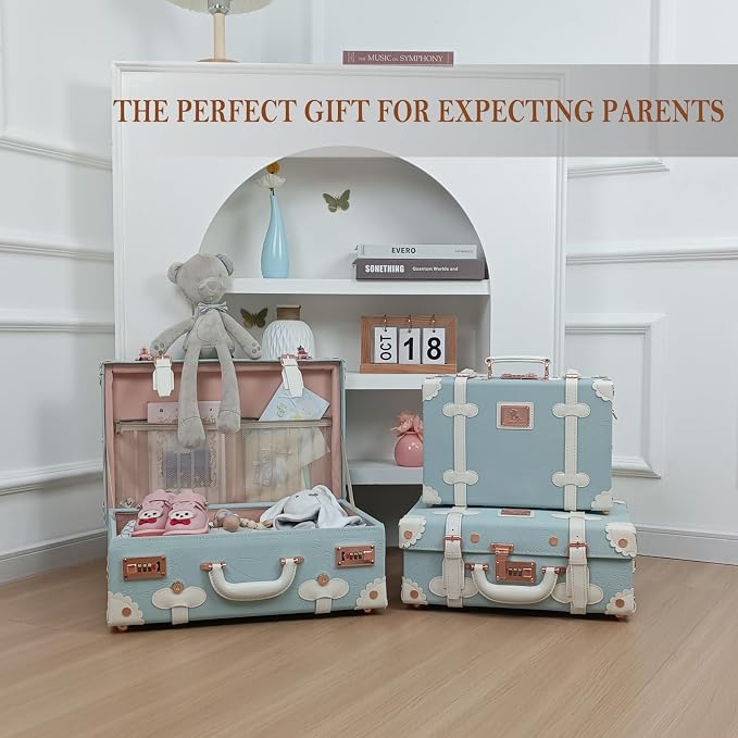 Unitravel Baby Keepsake Case, 18" Handmade Memory Storage Box, Newborn Keepsake Box, Vintage Suitcase for Baby Shower, Baptism, Naming Ceremony or Birthday (blue) - Image 5