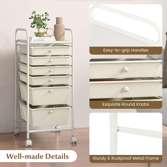 GOFLAME 6-Drawer Rolling Storage Cart, Multifunctional Art Supply Organizer Cart, Mobile Utility Storage Cart with Removable Drawers & Lockable Wheels, Craft Cart for Home Office, White - Image 7