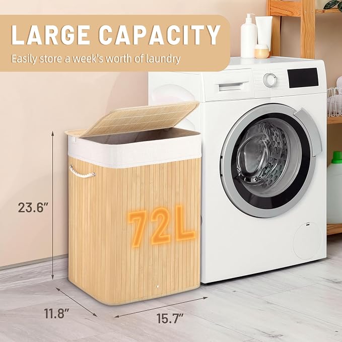 Aliphon 72L Slim Laundry Hamper with Lid, Foldable Bamboo Clothes Laundry Basket with Handles, Removable and Machine Washable Liner, for Bedroom, Bathroom, Dorm, Natural Beige - Image 2