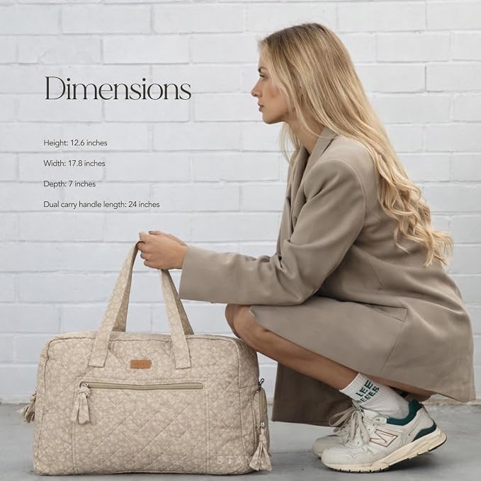 Staya Hospital Bag for Labor & Delivery - Quilted Weekender Bag for Women | Soft cotton quilted duffle, carry-on size, overnight & weekender bag, roomy with pockets, shoulder strap included - Image 3
