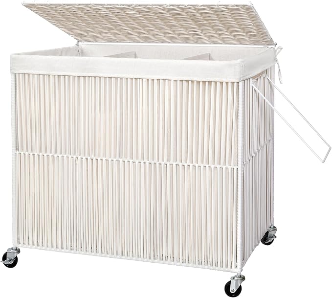 WOWLIVE Laundry Basket 3 Section, Handwoven Laundry Hamper with Wheels | Rolling Clothes Hamper with Lid and Divided Removable Bag, 160L Large Laundry Sorter, Laundry Room Organization, Creamy White by WOWLIVE