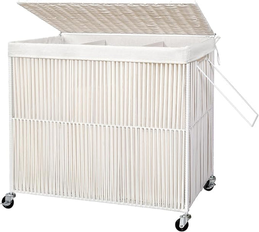 WOWLIVE Laundry Basket 3 Section, Handwoven Laundry Hamper with Wheels | Rolling Clothes Hamper with Lid and Divided Removable Bag, 160L Large Laundry Sorter, Laundry Room Organization, Creamy White by WOWLIVE