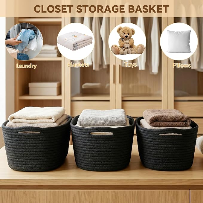 10 Pack Black Small Woven Baskets for Organizing, 11.5"x7.5"x4.7" Cotton Rope Storage Bins, Sleek Empty Gift Baskets for Modern Home, Office, Bathroom Shelf & Closet Organization - Image 7